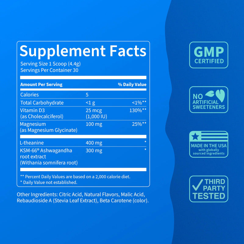 Nello Supercalm Powdered Drink Mix Tub, Cortisol Reducer* and Sleep Aid Supplement, L Theanine, Ksm-66 Ashwagandha, Magnesium Glycinate, Vitamin D 3, No Sugar, Non GMO, 30 Ct, Tropical Tangerine 30 Servings (Pack of 1)