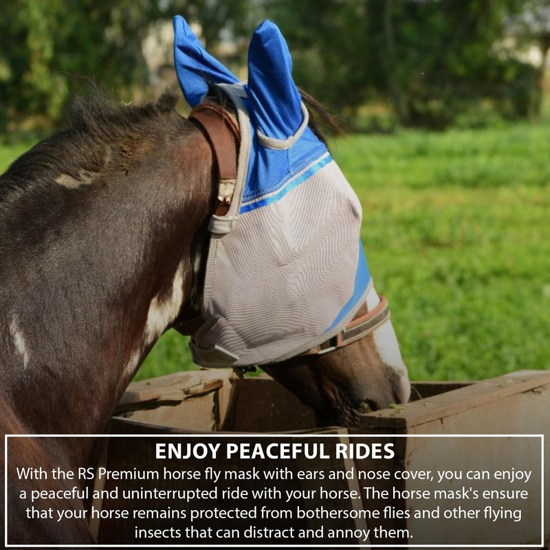 RS Premium Horse Fly Mask with Ears | Smoothly protect Face and Ears from UV & from Insects | Made with durable elasticable lattice | Sweat Absorber | Comfortable & Relaxable | size: Medium & Large Blue - BeesActive Australia