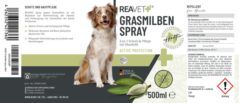 ReaVET grass mite spray 500ml - protection, defense and care for grass mites, grass mite ex spray for dogs, anti mite spray for effective defense, mite stop, relieves itching - BeesActive Australia