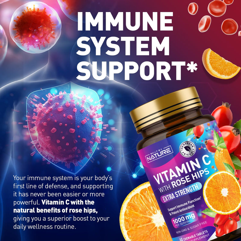 Built by Nature Chewable Vitamin C with Rose HIPS 1000mg 60 Tablets Orange Flavor, Non-GMO, Gluten-Free, Vegan, Immune Support & Antioxidant 60 Count (Pack of 1)