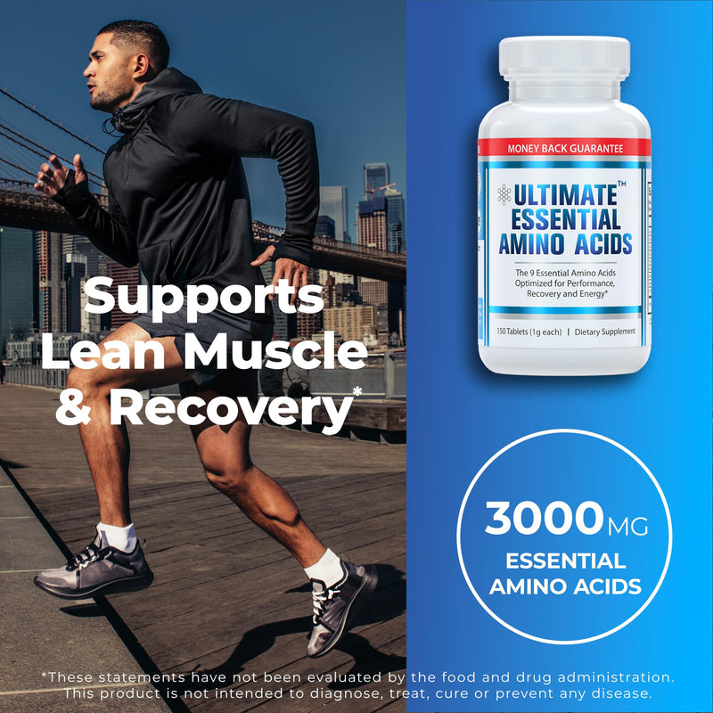 Ultimate Essential Amino Acids Supplement for Cutting, Fasting & Workouts, All 9 EAAs, 3000mg, 40% Leucine, 4:1:1 BCAA Ratio, Binder-Free with Organic Coating, Vegan, Keto, Non-GMO, 150 Tablets 150 Count (Pack of 1)