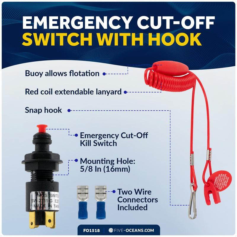 Five Oceans Marine Universal Emergency Cut-Off Switch, Kill Switch for Boat, Engine Shut-Off Switch 12VDC, Coil Extendable Lanyard, Snap Hook and Red Buoy, for Jet Ski, ATVs - FO1518