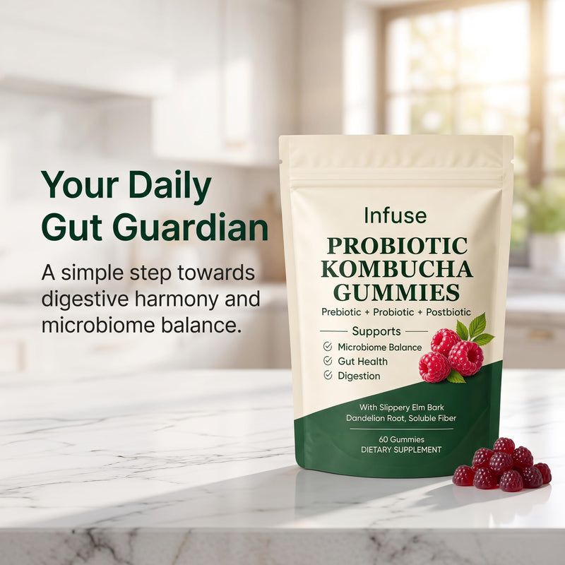 Kombucha Gummies, with Kombucha, Prebiotic & Dandelion Root, Daily Wellness Support, Daily Gut Health & Digestive Comfort Support, Sugar Free, Raspberry Flavor, 60 Gummies 1