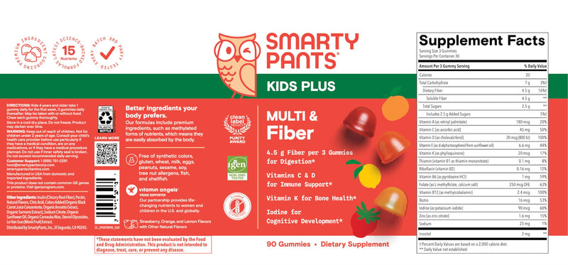 SmartyPants Kids Multivitamin & Fiber Gummies: Prebiotic Fiber to Support Kids Digestion with Vitamin D3, C, Vitamin B12, B6, A, Zinc, Biotin, Folate, Three Fruit Flavors, 90 Count (30 Day Supply) 90 Count (Pack of 1) Multi Fiber - 30 Day Supply