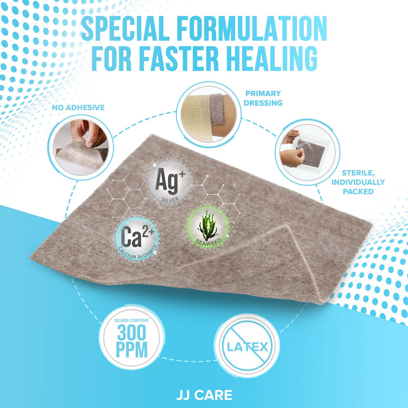 JJ CARE Silver Calcium Alginate Wound Dressing (Pack of 10) 4x5, Silver Alginate Wound Dressing Individually Packed, Highly Absorbent Non-Adherent Bandages for Wound Care 4x5 Inch (Pack of 10)