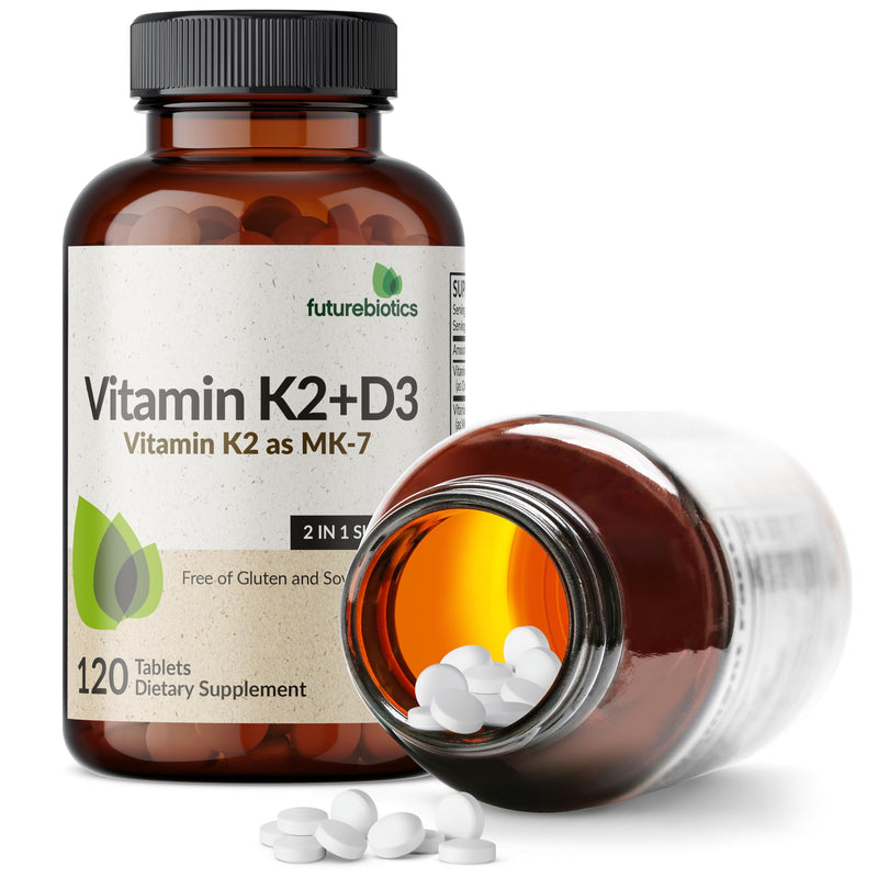 Futurebiotics Vitamin K2 with D3, 2 in 1 Support, 5000 IU Vitamin D3 & 90 mcg Vitamin K2 MK-7 Non-GMO, 120 Tablets 120 Count (Pack of 1)