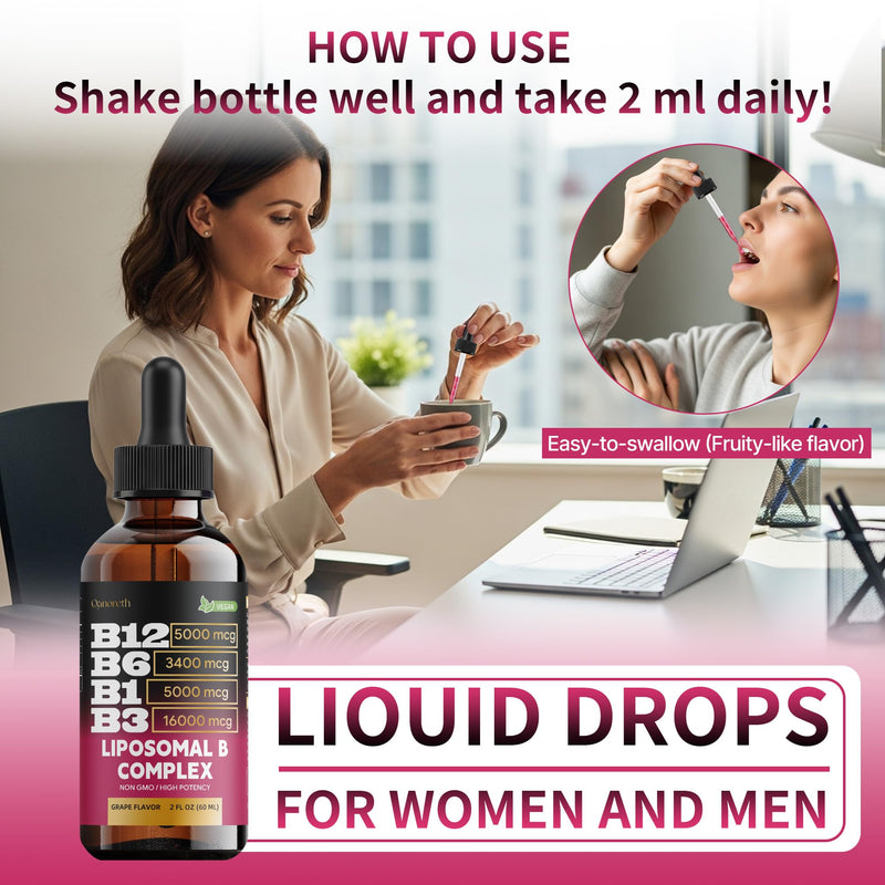 Liposomal Vitamin B12 Sublingual Methylcobalamin – Vitamin B Complex Liquid Drops with B6, B1 & B3 – Fast Absorption B12 Vitamins for Energy, Focus, Brain & Heart Support – Organic, Non-GMO, 2 fl oz