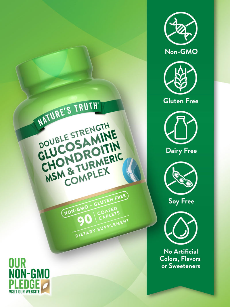 Nature's Truth Glucosamine Chondroitin MSM Complex | 90 Caplets | with Turmeric | Double Strength | Non-GMO & Gluten Free Supplement | with Turmeric | Double Strength | Non-GMO & Gluten Free Supplement 90 Count (Pack of 1)