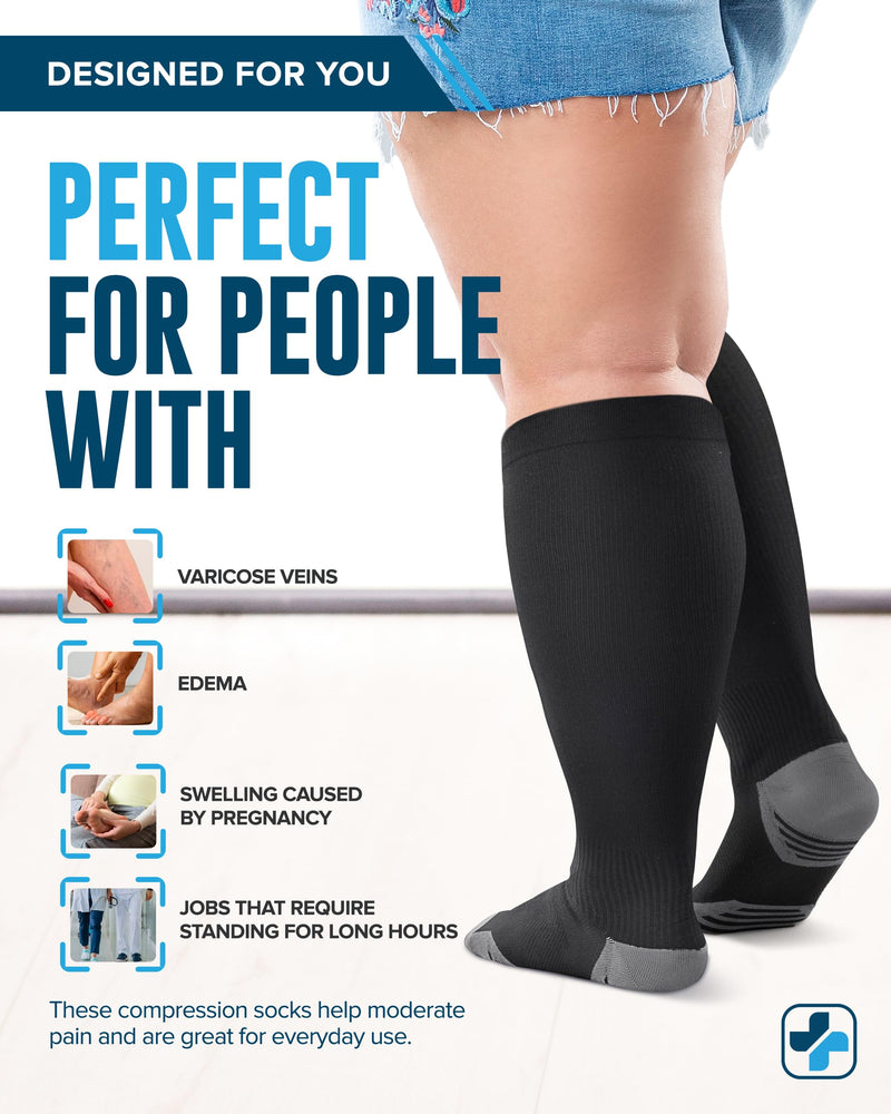 Doctor's Select 3 Pairs Plus Size Compression Socks Wide Calf - Up to 6XL | 20-30 mmHg Extra Wide Calf Compression Socks Women | Black 3 Pairs - Black 3X-Large - BeesActive Australia