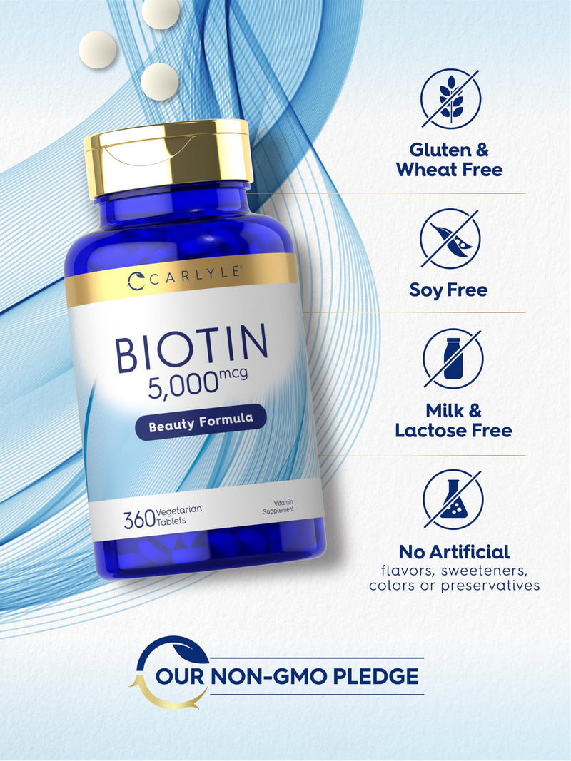 Carlyle Biotin 5000mcg | 360 Vegetarian Tablets | Beauty Formula Supplement for Hair, Skin & Nails | Non-GMO, Gluten Free 360 Count (Pack of 1)