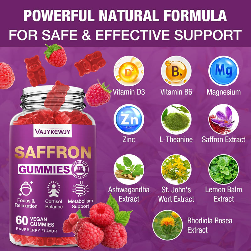 Saffron Gummies (88.5 mg) with Magnesium — Enhanced with St. John’s Wort, Rhodiola, Ashwagandha & Vitamins B6, B12, D3 for Mood & Focus Support — 60 Count 1pack