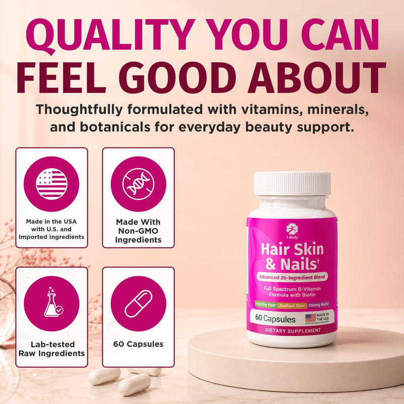 1 Body Hair Skin & Nails with Biotin, Vegan Vitamins, 3 Pack | Support Your Natural Glow. Designed to promote healthy hair, skin, and nails every day.* 60 Count (Pack of 3)