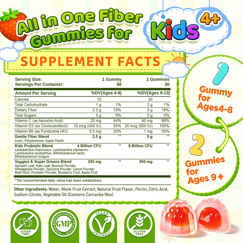 duwhot Kids Fiber Gummies 5g with Probiotics, 60 Chews | Prebiotic Fiber Supplement with Vitamin C D3 B6 & Veggies, Gentle Digestive & Regularity Support, Sugar Free