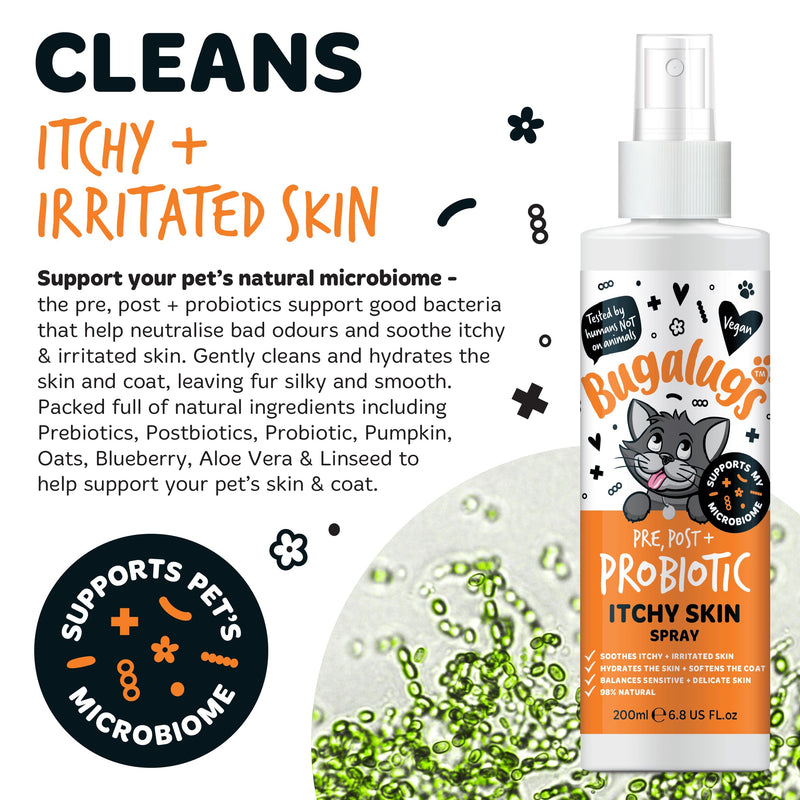 Bugalugs Probiotic Cat Spray for itchy skin. Leave in spray to condition, nourish and hydrate skin and coat. Professional cat cleaning and grooming formula