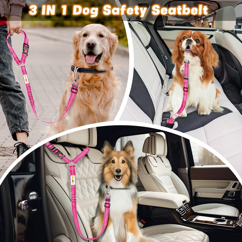 Dog Seat Belt for Car, Adjustable 4-in-1 Dog Car Seatbelt Leash with Hook & Buckle, Reflective Dog Seatbelt Harness for Car with Vehicle Car Headrest & Swivel Carabiner and Poop Bag, Rose - BeesActive Australia
