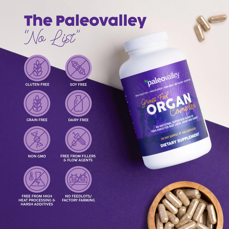 Paleovalley 100% Grass Fed Organ Complex, Beef Liver, Heart and Kidney | Whole Food Multivitamin, Vitamin B12 Supplement, Nutrient Dense Superfood, Freeze Dried, Pasture Raised, Ancestral Nutrition Beef Organ