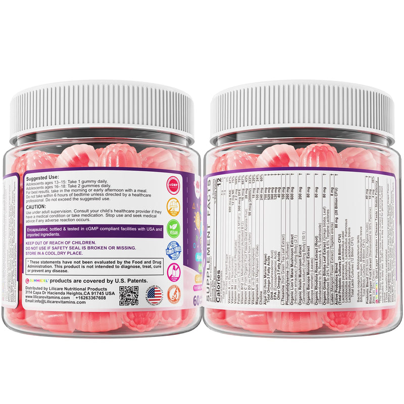 LILICARE Teen Brain Focus Vitamin Gummies with Omega-3,Lion's Mane Mushroom | 23-IN-1 Advanced Teens Brain Formula Helps Support Focus, Memory & Mental Performance for During School, Study & Exams 60 Count (Pack of 1) Teens Brain Gummies, 60 Count