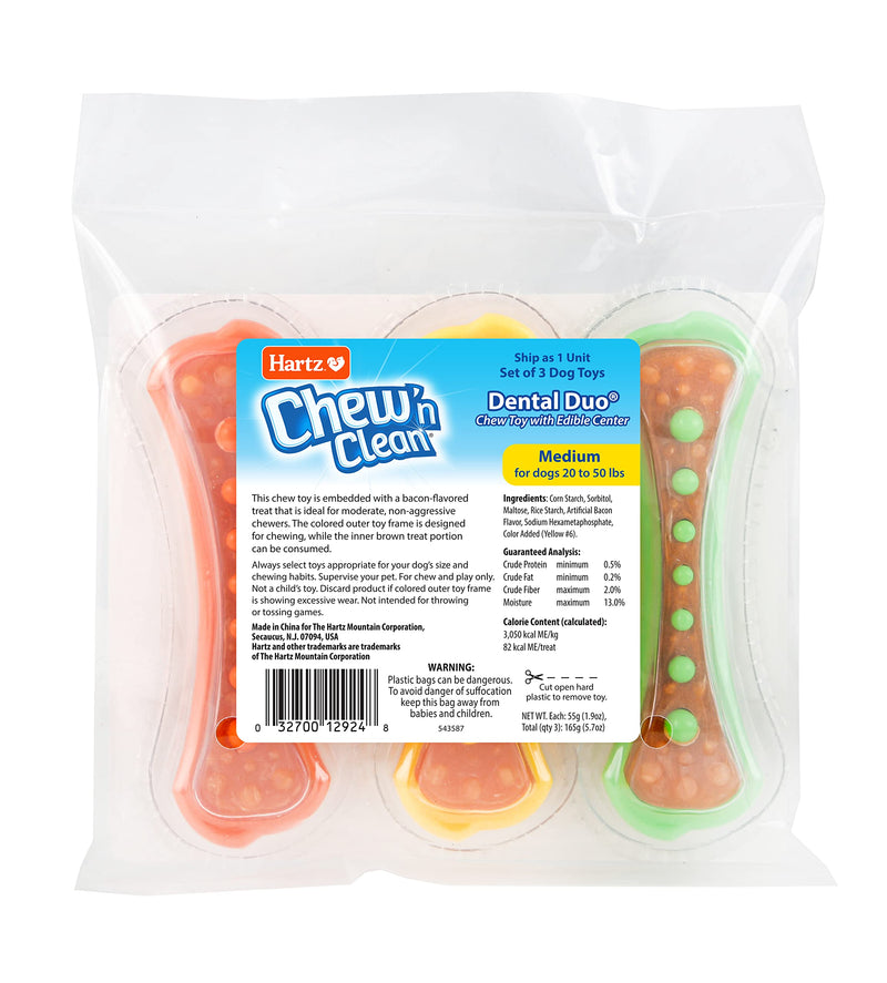 Hartz Chew 'n Clean Dental Duo Dog Treat & Chew Toy, Color Varies, Medium, 3 Pack Medium (Pack of 3) Orange, Green & Yellow - BeesActive Australia