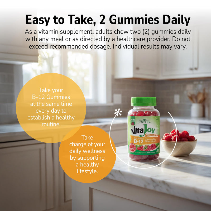 21st Century Extra Strength Vitamin B12 Gummies 3000mcg, Raspberry, 90ct | Extra-Strength Vitamin B12 3000 mcg Gummies, Energy & Nerve Support, Vegan & Gluten Free, A Delicious High-Potency B12 Gummy
