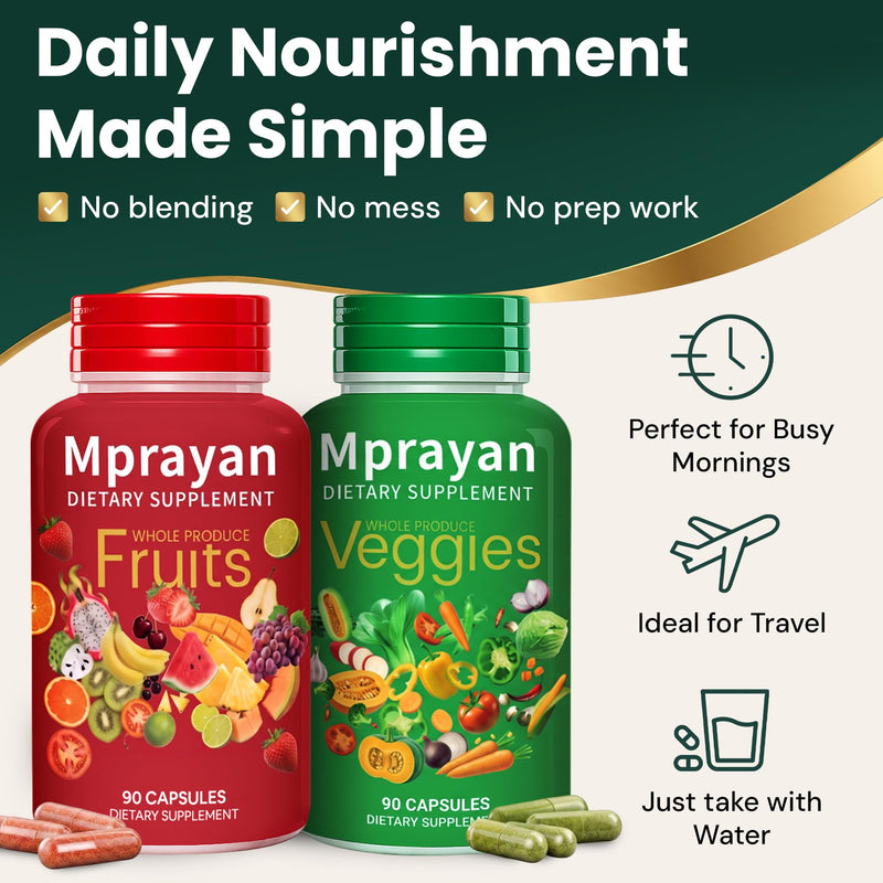 Fruits & Veggies Capsules – Whole Food Fruit & Vegetable Supplement – 90 Fruit + 90 Veggie Capsules (2 Bottle System) – Vegan, Non-GMO – No Powders or Mixing – Daily Nutrition for Men & Women