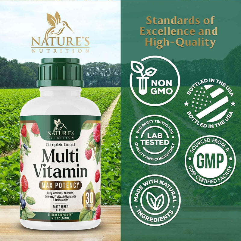 Liquid Multivitamin - Sugar Free Daily Multi Vitamin for Women, Men & Kids, Vitamins A, C, D, B-12, Biotin & Zinc - Supports Faster Hair Growth & Skin Wrinkles, Vegan, Non-GMO, Berry Flavor, 15 Fl Oz
