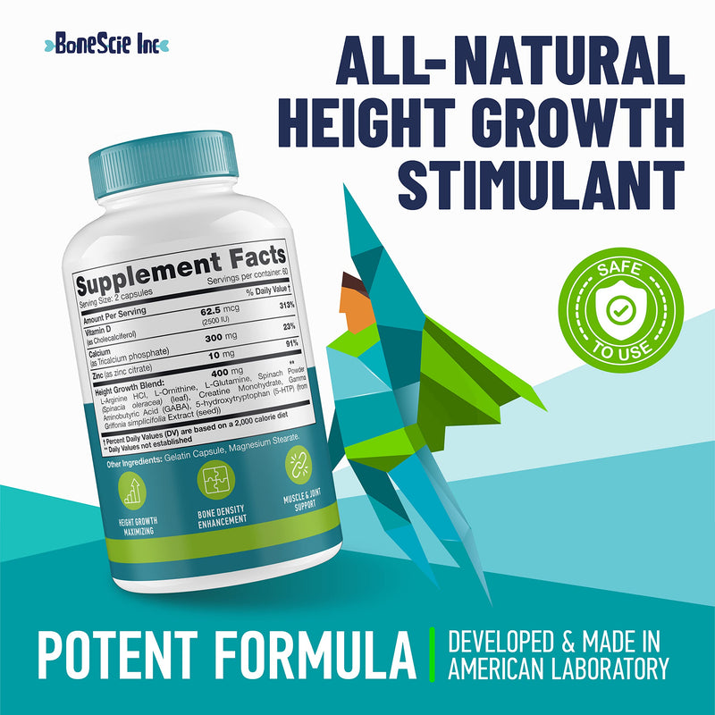 Height Growth Maximizer - Kids & Teens Height Growth Support Supplement – Bone Development Formula with Calcium, Vitamin D3 & Zinc – Daily Nutrition Support Capsules for Development Routine 120 Count