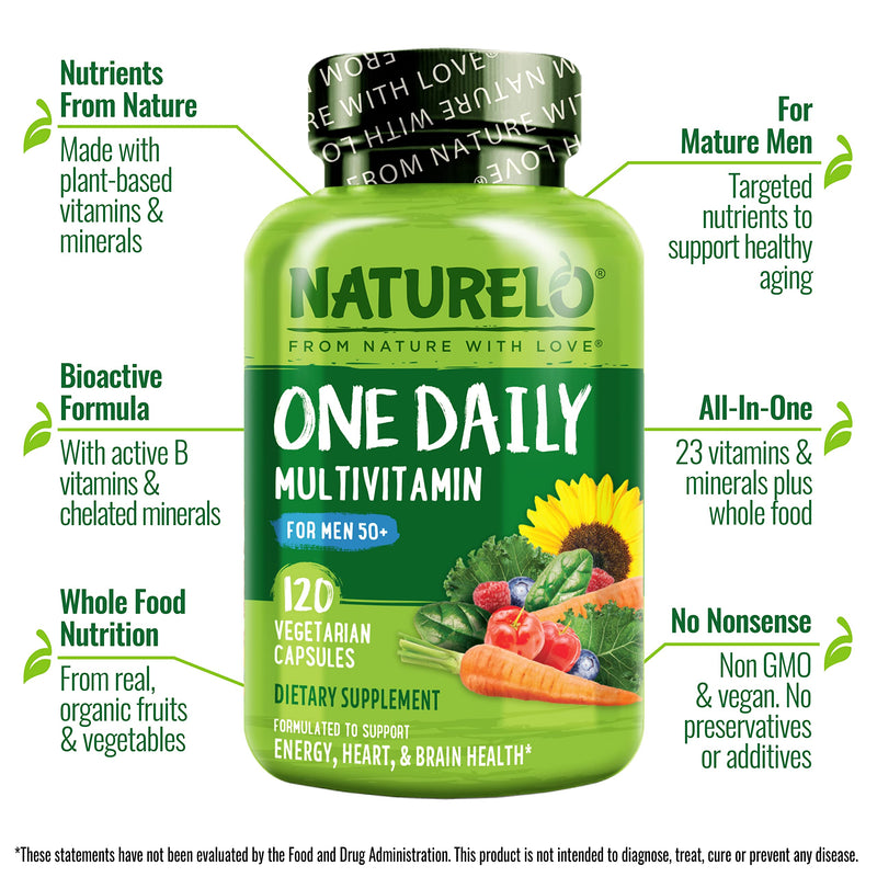NATURELO Multivitamin for Men 50+ - One Daily, 120 Vegetarian Capsules | Vitamins, Minerals & Organic Whole Foods, Boost Energy and Health, Non-GMO 120 Count (Pack of 1)