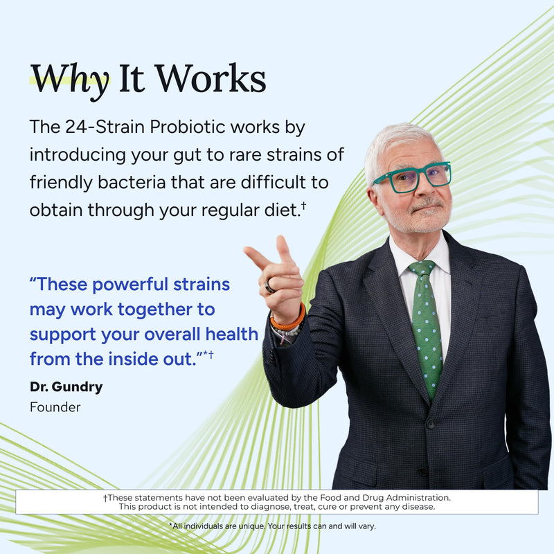 Gundry MD® 24 Strain Probiotic, 30 Billion CFU, 30 Capsules | Gut Health Support & Digestive Balance, Reduced Gas & Bloating, Lactobacillus and Bifidobacterium, 1 Daily Capsule
