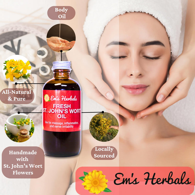 Em's Herbals Fresh St. John’s Wort Oil - Wild Harvested in USA, Natural Solution for Nerve Discomfort, Skin Eruptions, Wound Care, Scar, and Stretch Marks - Skin, Face, Body, Hair, Massage Oil (4 Oz) 4 Fl Oz (Pack of 1) - BeesActive Australia