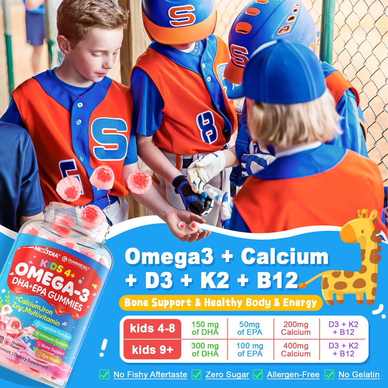 Nextdia Omega 3 (EPA/DHA) Filled Gummies for Kids with Multivitamin, Calcium + D3 + K2 + Zinc, Plus Vitamin A B1 B2 B12 C, Selenium, Iodine for Brain, Eye, Bone, Energy, No Fish Taste, 2 Pack 60 Count (Pack of 2)