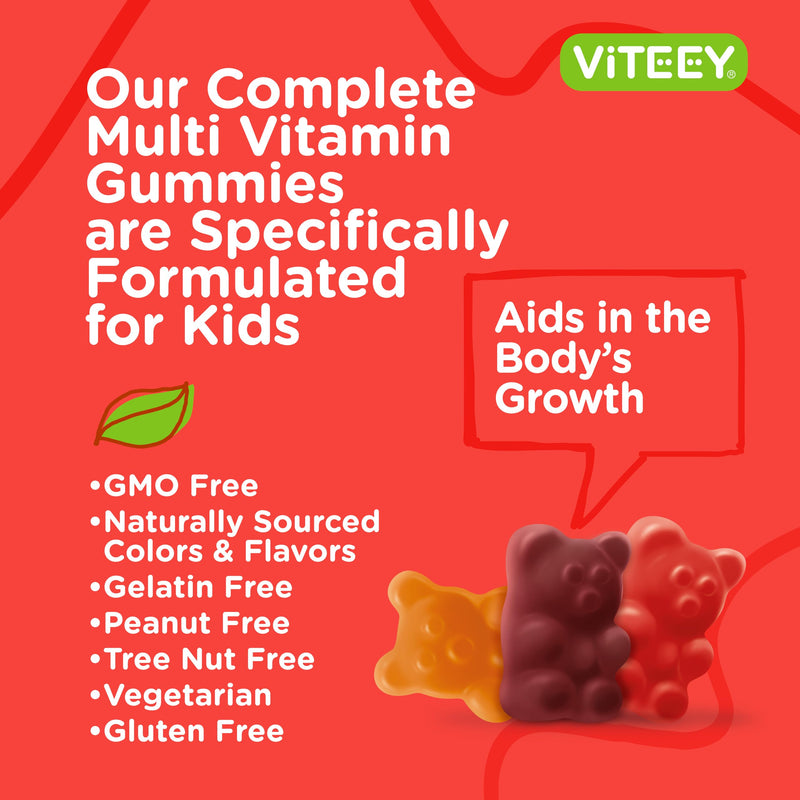 Viteey Kids Multivitamin Gummies, Complete Daily Essential Kids Vitamins | Great for Immune Support & Overall Health - 12 Essential Minerals & Vitamins - Vegetarian, Gelatin Free- Fruit Flavor Gummy 120 Count (Pack of 1)