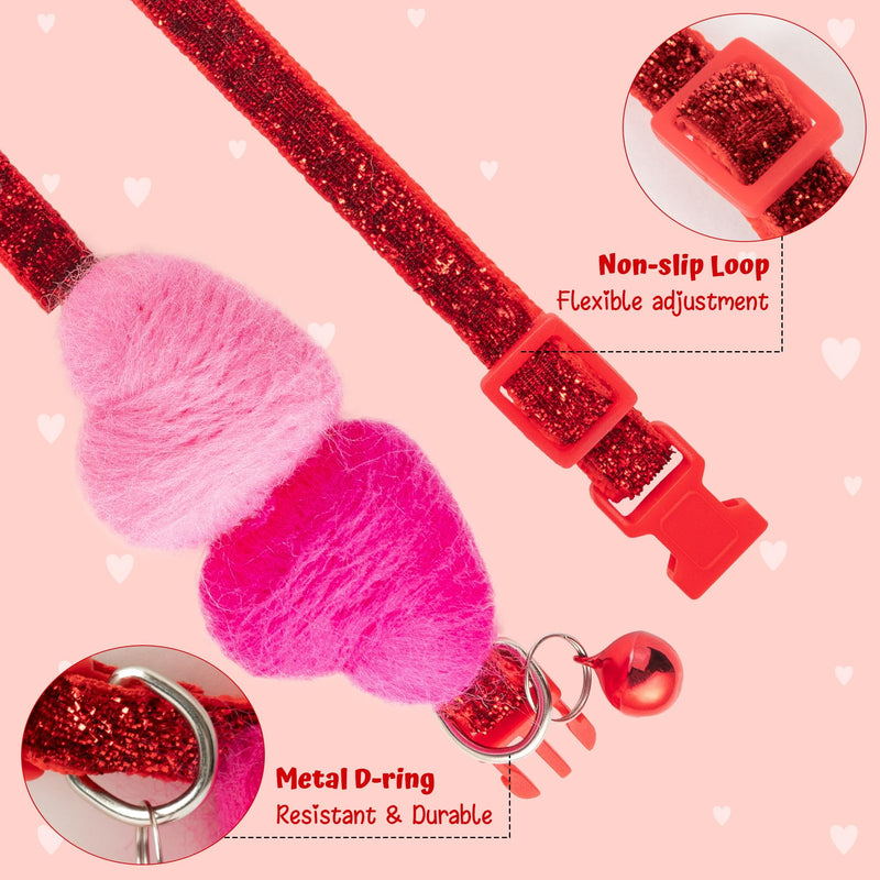 MALLMALL6 Valentines Wool Felted Heart Small Dog Collar, Adjustable Soft Bling Red Quick Release Snap Buckle Puppy Collar with Bell, Rose Pink Love Theme Pet Collar for Girl Boy Dogs Cats - BeesActive Australia
