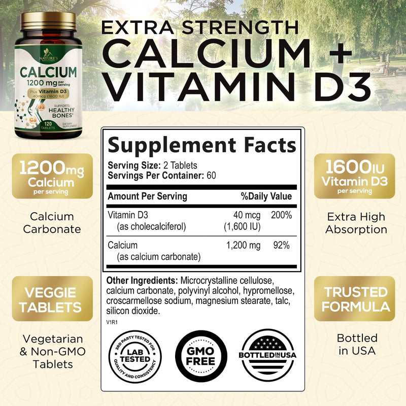 Calcium 1200 mg with Vitamin D3 - Per Serving - Bone Health Supplement - Vitamin D & Calcium Supplements for Women & Men - Bone Strength Support - Natural Calcium Pills - Bottled in USA - 120 Tablets 120 Count (Pack of 1)