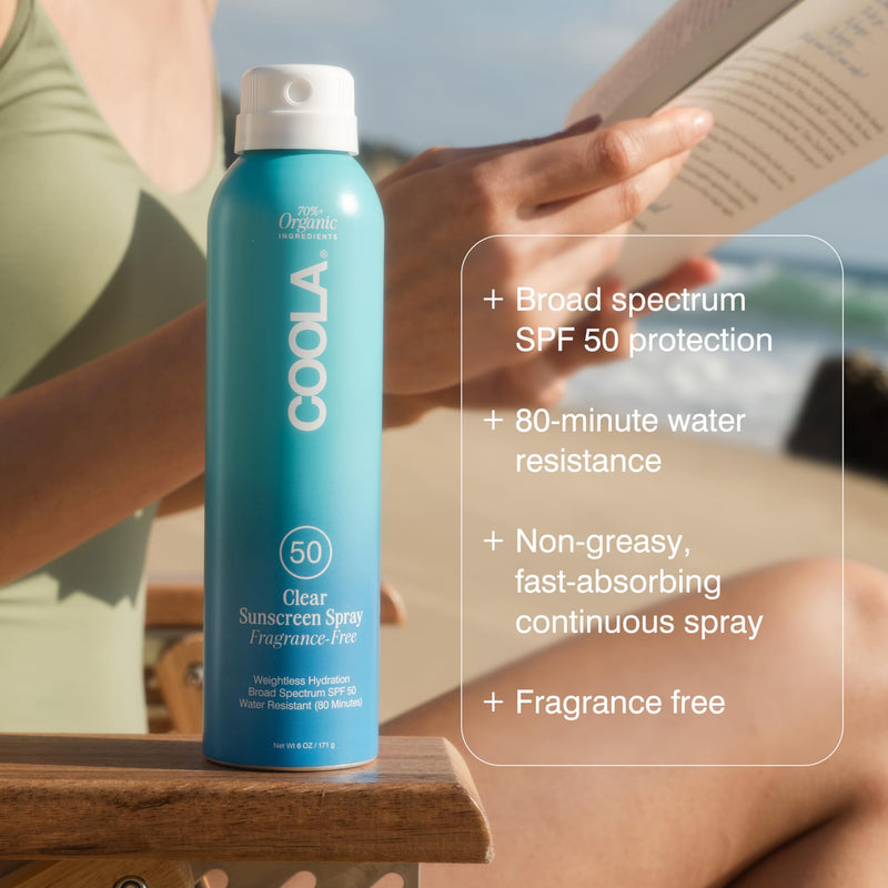 COOLA Organic Sunscreen SPF 50 Sunblock Spray, Dermatologist Tested Skin Care For Daily Protection, Vegan and Gluten Free, Fragrance Free 6 Fl Oz (Pack of 1)