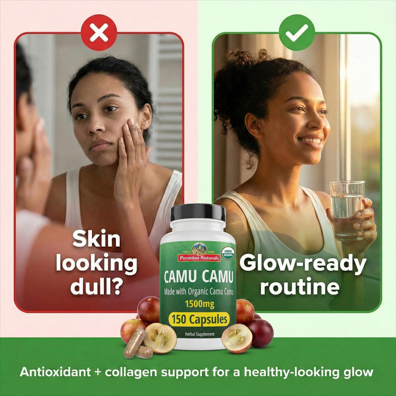 Peruvian Naturals Organic Vitamin C from Camu Camu Capsules 1,500mg - 150 Vegan Pills, Natural Vitamin C from Whole Food Camu Berry Organic, Non-GMO | Natural Vitamin C Supplement, Vegan, Antioxidant Support, Immune & Skin Health, Non-GMO