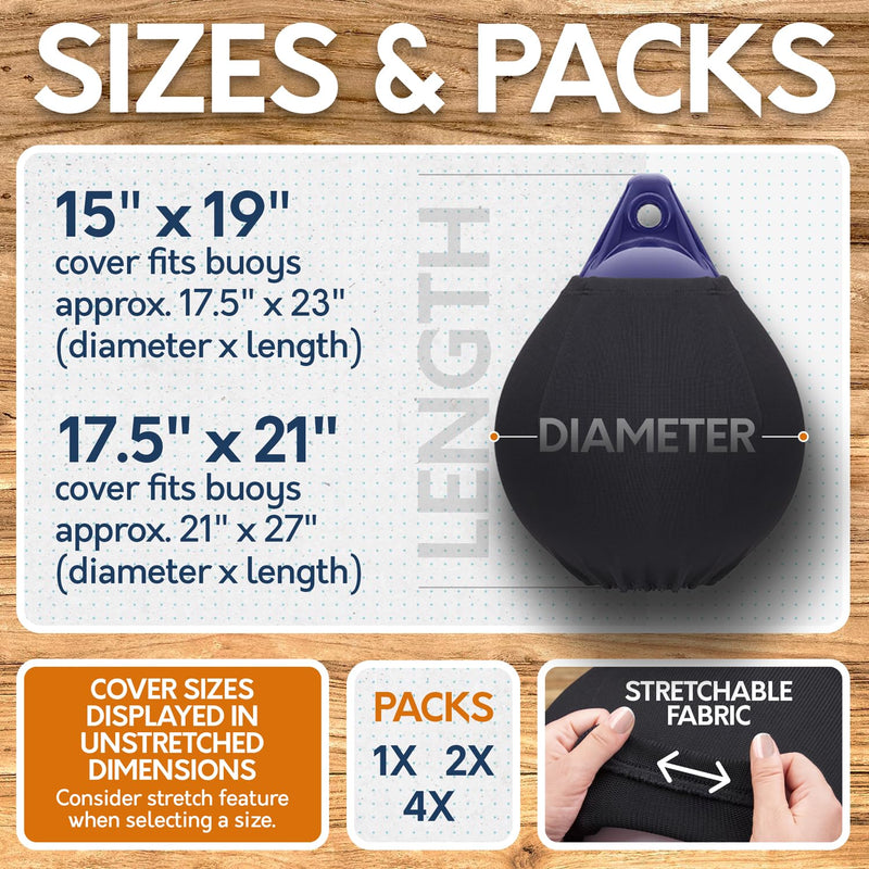 Boat Buoy Covers | 1, 2 & 4-Pack | Black | Diameter x Length: 15″ x 19″ & 17.5″ x 21″ | Polyester (2-Pack & 15″ x 19″) 15″ x 19″ Black | 2-Pack