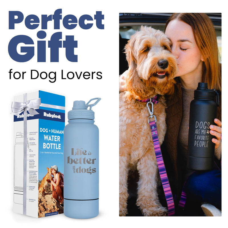 Dog Water Bottle for Dog Lovers - 32 oz Stainless Steel Double Wall Insulated Water Bottle with 8 oz Attached Dog Bowl - Best Dog Mom Gifts for Women - “Life is Better with Dogs” - Dusty Blue Life is Better: Dusty Blue - BeesActive Australia
