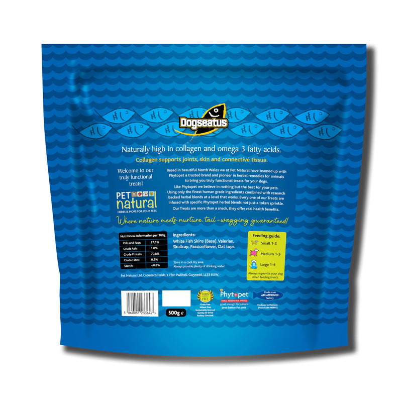 Dogseatus Fish Skin Twists Calming with Valerian, Skullcap & Passiflora 100% Natural, Omega 3 & Collagen Rich Chews Long-Lasting Rawhide Alternative 500g