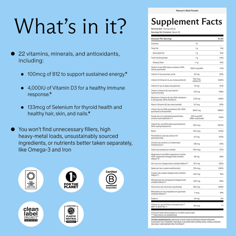 Needed. Multivitamin Powder for Women with 22 Vitamins, Minerals and Antioxidants - Daily Womens Multivitamin - Vitamin B12, B6, D3 4000IU, Choline, Biotin, Magnesium, Folate and More (30 Servings) 4 Ounce (Pack of 1)