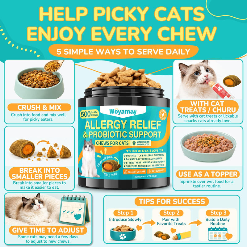 Woyamay Cat Allergy Relief for Cats with Probiotics, 500 Crunchy Cat Probiotic & Allergy Chews, Cat Allergy Treats to Stop Itching & Scratching, Probiotics for Cats Support Gut Health, Chicken Flavor