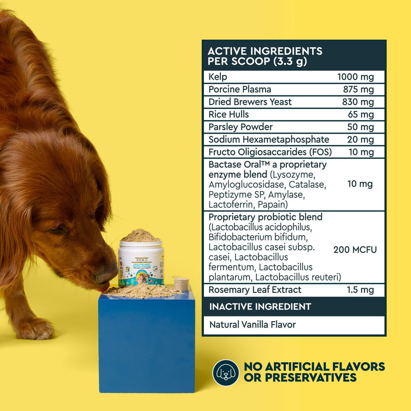 Radius OralPro+ Pet Dental and Gut Powder - Enzyme-Powered Dog and Cat Plaque and Tartar Remover - Natural Vanilla Daily Meal Topper for Fresher Breath & Digestive Balance - 3.5 Oz, Scoop Included