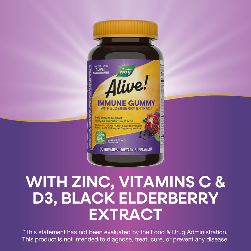 Nature's Way Alive! Immune Support* Gummies with Elderberry Extract, 90 ct | Vitamins C & D3, Zinc, Gluten-Free, Grape & Cherry Flavored, Daily Immune Support*, Vegetarian Gummies