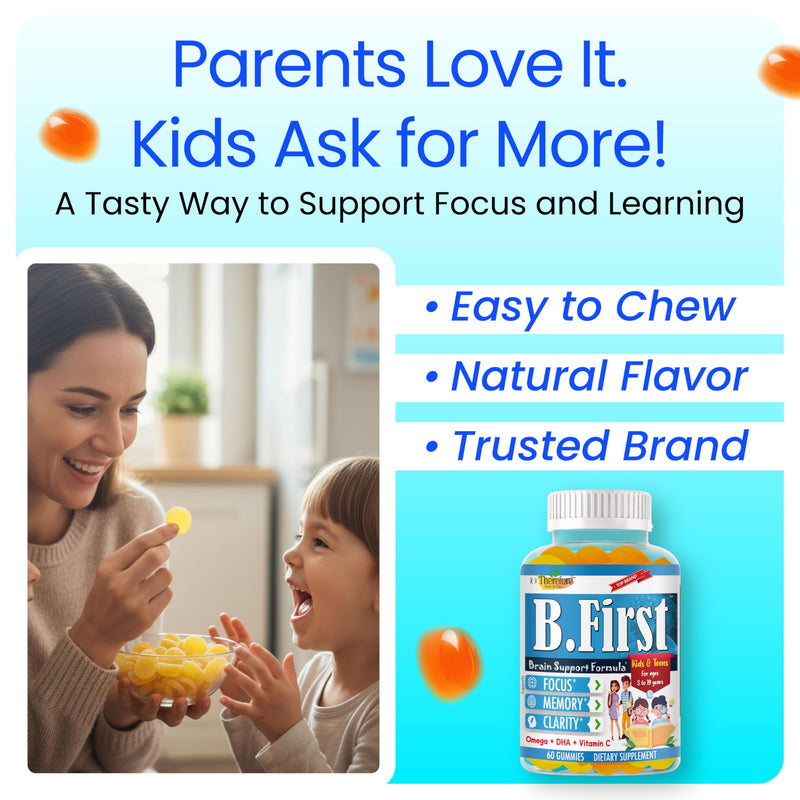 B.First Brain Focus Gummies for Kids & Teens, Omega 3 for Kids DHA Supplement, Chewable Brain Vitamins for Memory & Concentration, Focus Gummies for Children, Plant Based, Non-GMO, 60 Count