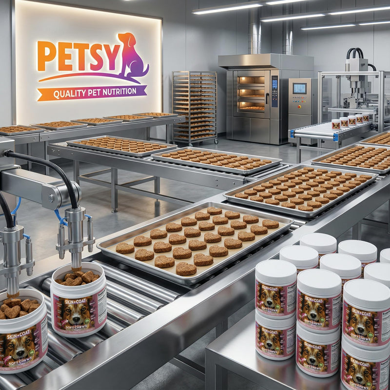Petsy Skin & Coat supplement for dogs Vitamin C, E, Zinc, Biotin, OMEGA 3 Shiny coat Rejuvinate Healthy coat Natural Support itchy skin relief Daily
