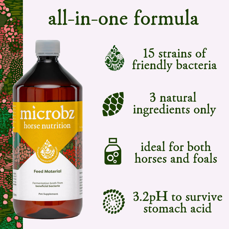 MICROBZ HORSE NUTRITION | 1 Litre | Liquid Beneficial Microbes for Horses & Foals, to Support Equine Digestive Health, Immunity & Performance - 100% Natural