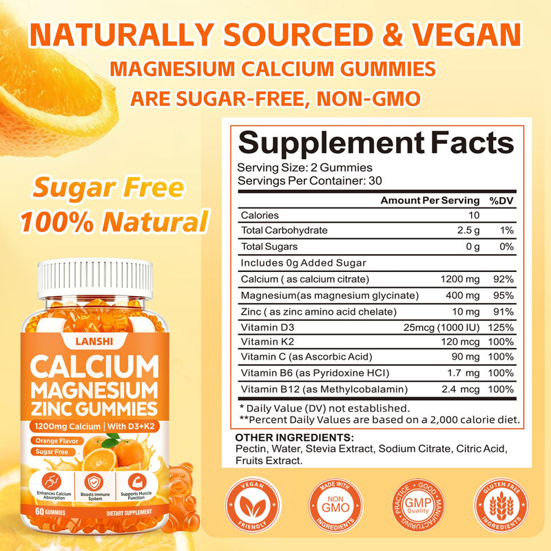 Calcium Gummies Calcium 1200 mg with Vitamin d3, K2, B12, Magnesium & Zinc | Calcium Magnesium Zinc Gummies for Bones, Immune & Energy Support, Sugar-Free Vegan Orange Flavor for Women & Men 60 Count (Pack of 2)