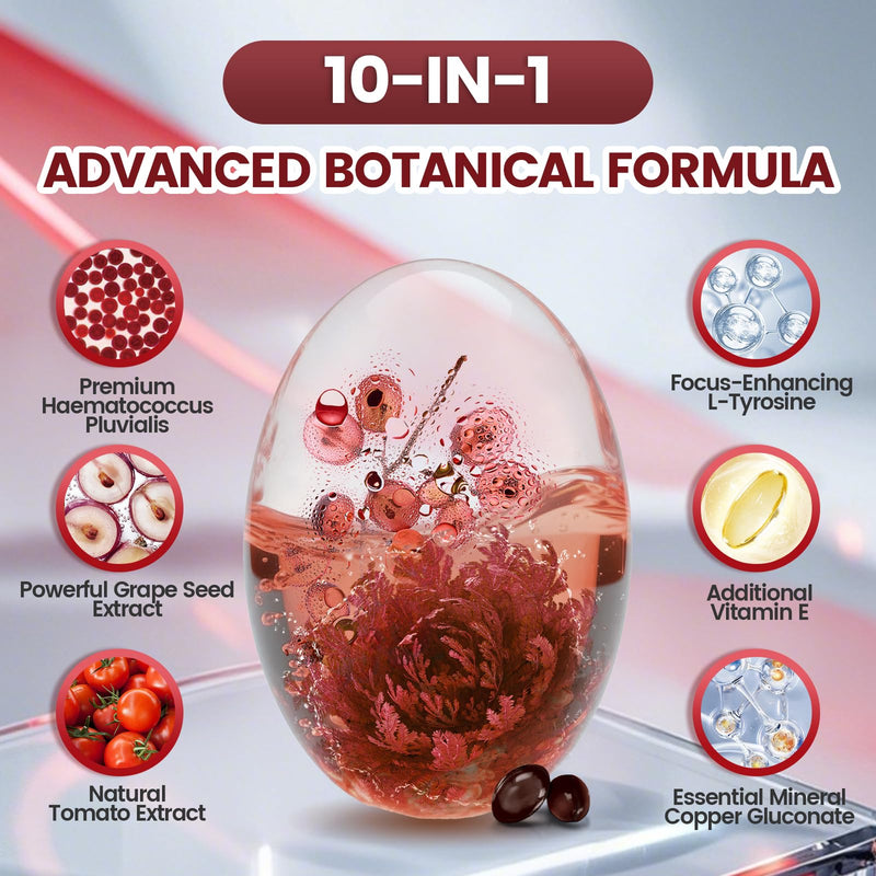 Astaxanthin 12mg, 240 Softgels, Fresh Haematococcus Pluvialis 10 in 1 Astaxanthin Antioxidant Supplements, Contains Lycopene, Grape Seed, Vitamin E, & More Supports Eye, Joints, Skin Health, 1 Bag Red: 1 Bag - BeesActive Australia
