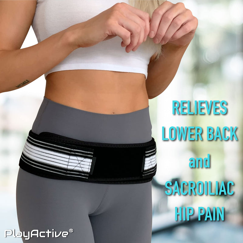 PlayActive Sacroiliac SI Joint Hip Belt - Lower Back Support Brace for Men and Women - Pelvic Support Belt - Trochanter Belt - Sciatica Pelvis Lumbar Hip Pain Relief (Regular) REGULAR (Hip Size 32-47 inch) Black & White - BeesActive Australia