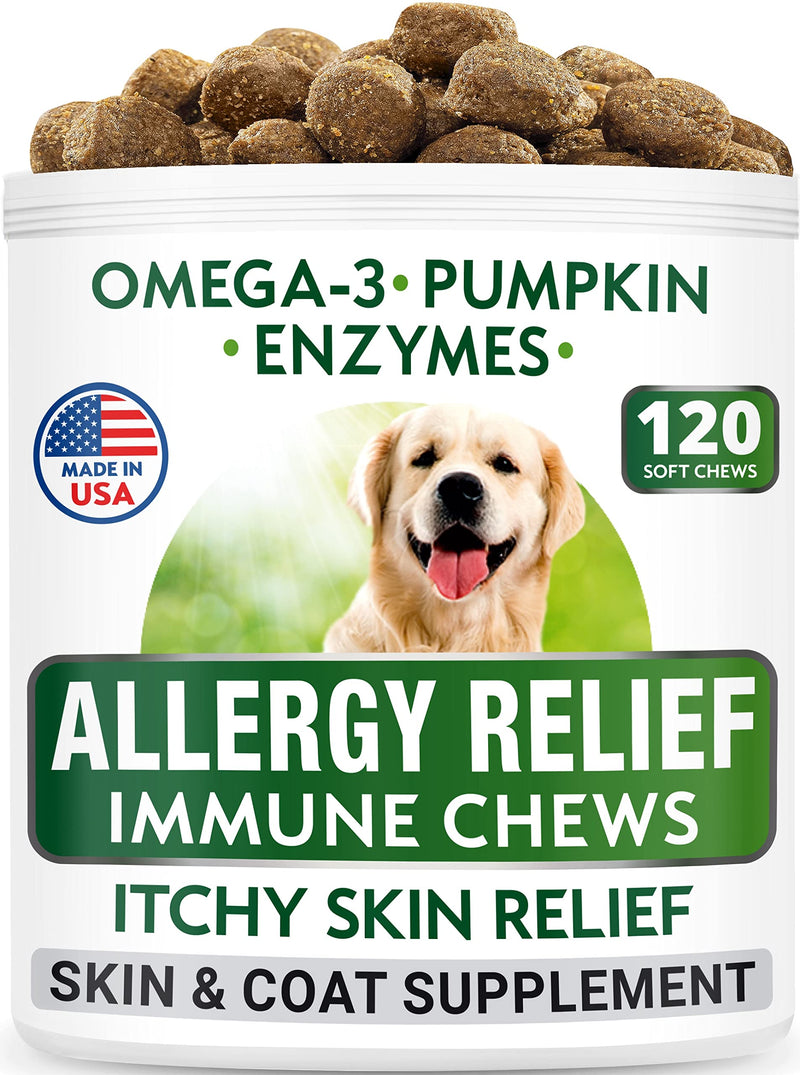 Allergy Relief Dog Treats + Dog Probiotics Chews Bundle - Omega 3 + Pumpkin + Enzymes for Itchy Skin Relief + Digestive Enzymes + Prebiotics for Gas, Diarrhea, Constipation, Upset Stomach Relief