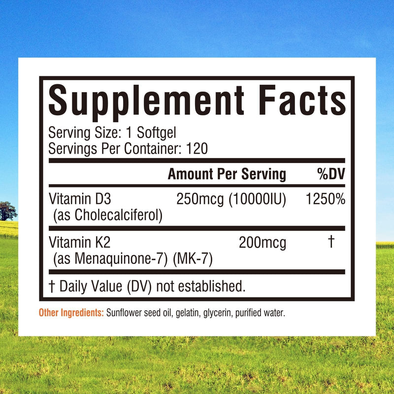 Innate Vitality Vitamin D3 K2, High Potency Vitamin D3 10000iu 120 Softgels | w/ Vitamin K2 (MK-7) 200 mcg, Supports Bone, Teeth, Heart & Immune Health Non-GMO, Gluten Free 120 Count (Pack of 1)